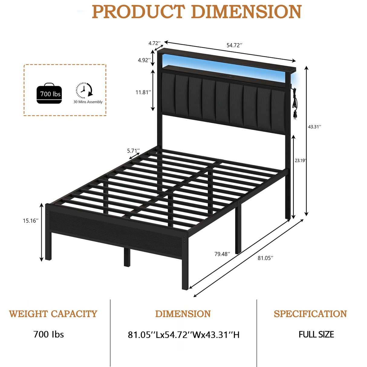 Furnulem Full Size Bed Frame with Charging Station and LED Lights, Platform Bed with Metal Slats, Grey Upholstered Headboard with 2-Tier Storage Shelves, No Box Spring Needed Furnulem