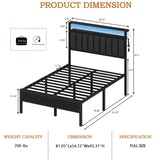 Furnulem Full Size Bed Frame with Charging Station and LED Lights, Platform Bed with Metal Slats, Grey Upholstered Headboard with 2-Tier Storage Shelves, No Box Spring Needed Furnulem