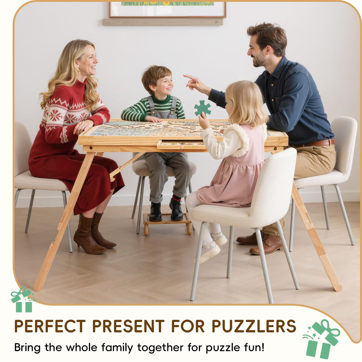 TEAKMAMA Puzzle Table 27.6" H Tall 1500 Pieces Puzzle Board with Drawers, 34.2" x 26.5" Wood Folding Jigsaw Table with Legs and Cover, Jigsaw Board for Adults, Nature TEAKMAMA