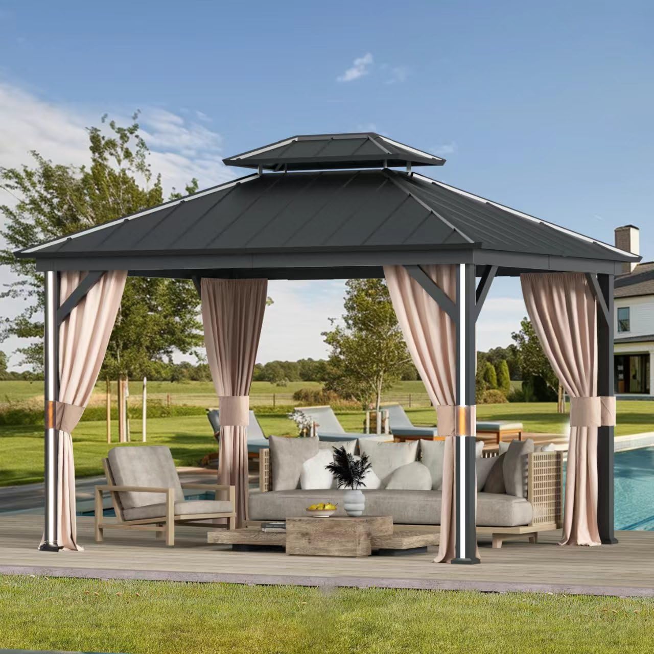 Modern Shade 10' x 12' Hardtop Gazebo with Galvanized Steel Roof, Aluminum Frame, Mosquito Netting, Curtains, 4 LED Lights, USB & USB-C Charging Port Permanent Outdoor Pavilion for Backyard P - WoodArtSupply