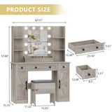 Vanity Makeup Desk with Mirror and Lights, Farmhouse Vanity Table Set with Storage Drawers, Charging Station & Chair, 43" Large Rustic Dressing Table, 3 Lighting Modes for Women Girls Bedroom, Grey Xixini