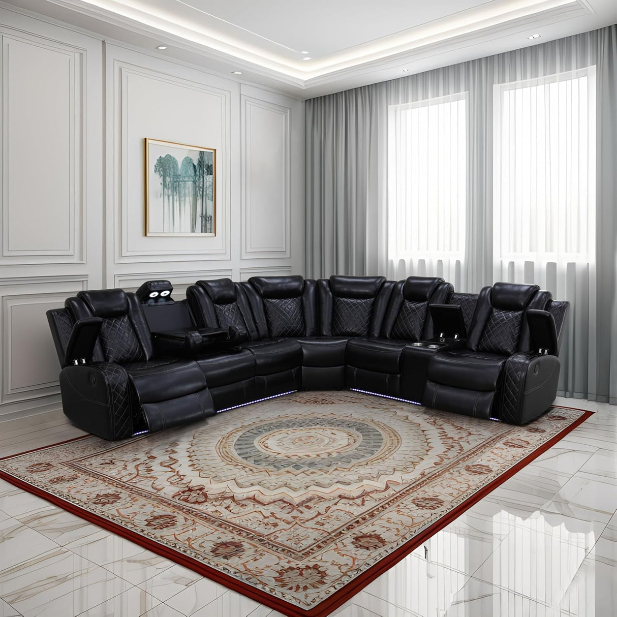 Power Recliner Sofa Sectional Sofa with LED Light for Living Room, Air Leather Reclining Corner Sectional Sofa Set, Cup Holder, Storage Console for Home Theater Seating (Black, Sectional) AYCP Furniture