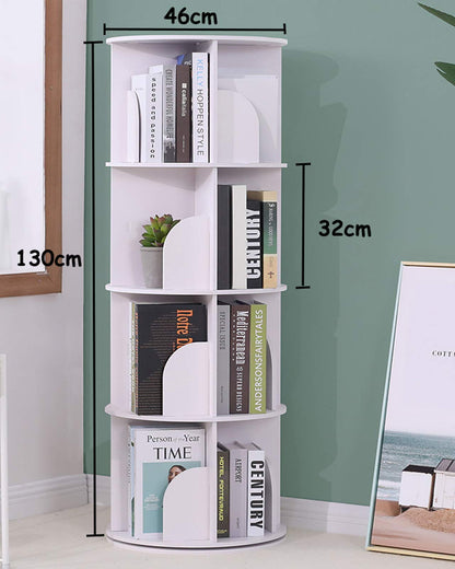 Arcwares 4-Tier Rotating Bookshelf - 360° Revolving Corner Bookcase in White, Stackable Organizer for Home & Office - WoodArtSupply