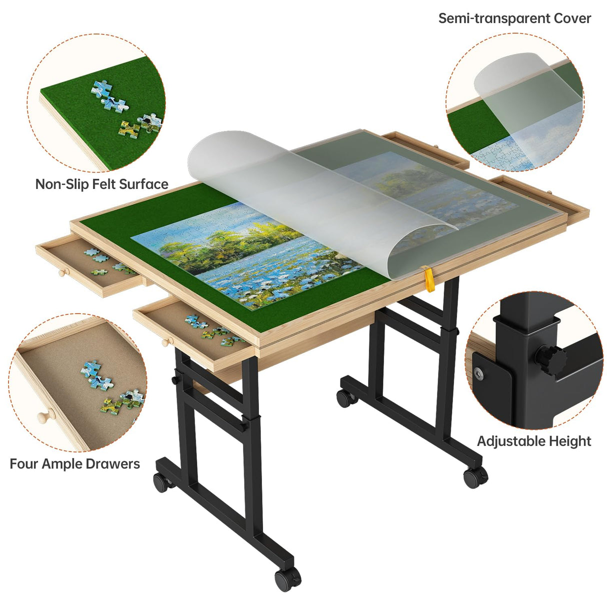 Kasinali 1500 Pieces Adjustable Jigsaw Puzzle Table for Adults, 3 Tilting Angle Puzzle Board with Legs, 35"x27.2" Multi-Functional Wooden Board with 4 Drawers & Protective Cover Kasinali