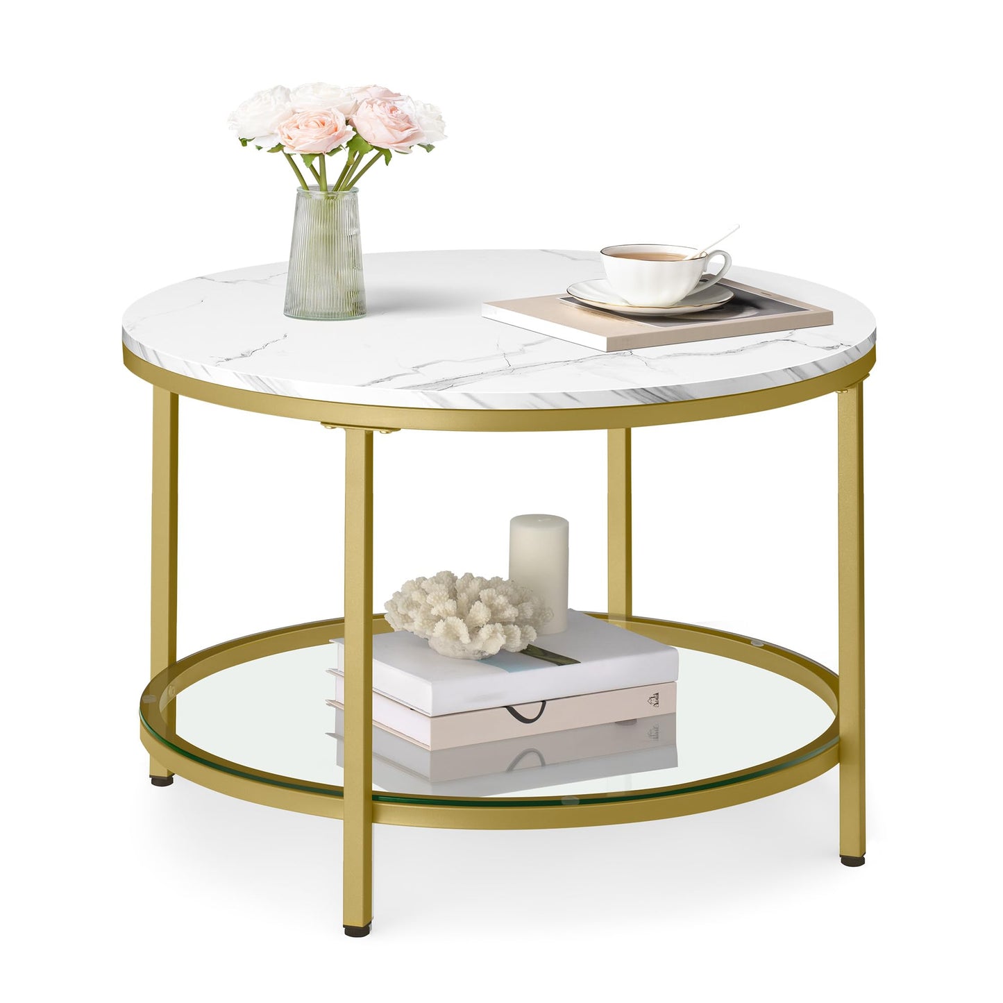 VASAGLE Round Coffee Table, Small Coffee Table with Faux Marble Top and Glass Storage Shelf, 2-Tier Circle Coffee Table, Modern Center Table for Living Room, Marble White and Pale Gold ULCT072W59
