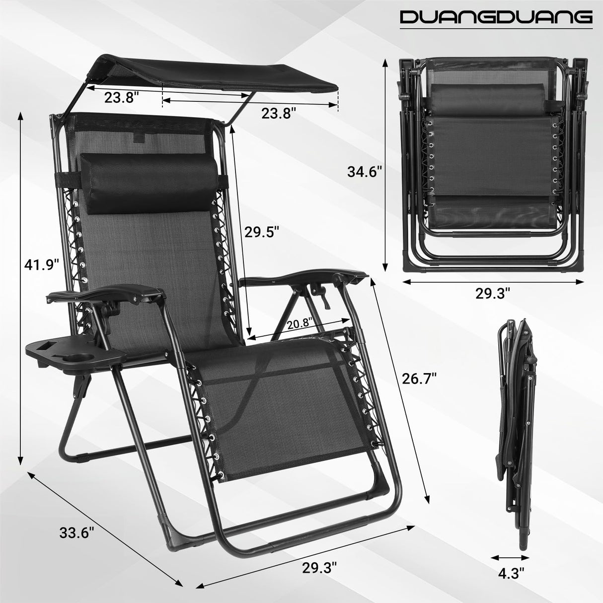 DuangDuang Zero Gravity Chairs Set of 2, Oversized Outdoor Recliner Patio Lounge Chair with Canopy Shade, Foldable Outdoor Lounger with Cup Holder Tray for Backyard Beach Camping, Black DuangDuang