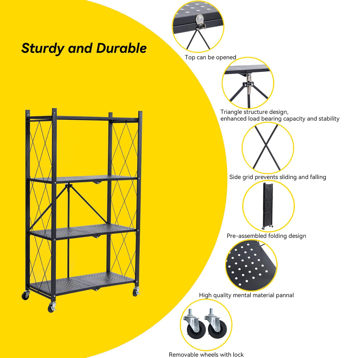 BRIAN & DANY 4-Shelf Foldable Storage Shelves with Wheels, Folding Metal Rack Shelving Unit, Heavy Duty No Assembly Organizer Shelf for Garage, Kitchen, Basement, Pantry, Black BRIAN & DANY