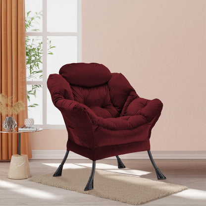 Youtanic Lazy Chair Thick Padded, Accent Chair Velvet Upholstered with Wide Seat, Stable Metal Frame and Non-Slip Pad, Modern Sofa Armchair with Side Storage Bag for Dorm, Room, Office, Burgundy