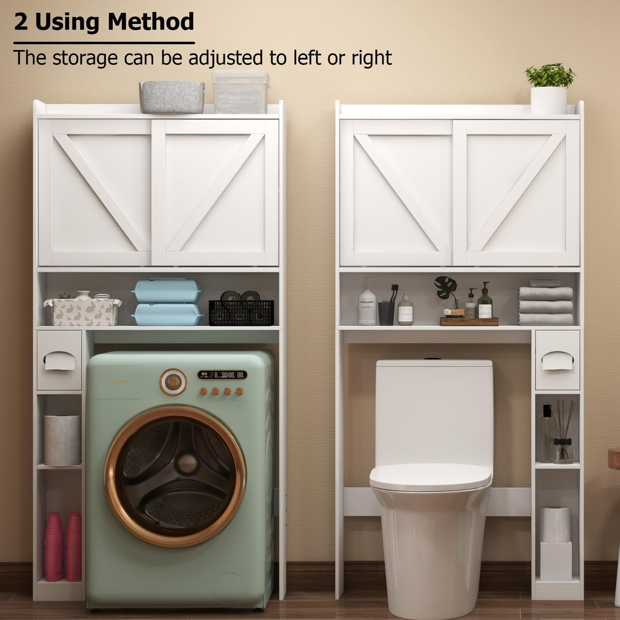 LINLUX Over The Toilet Storage Cabinet, Farmhouse Storage Cabinet Over Toilet with 2 Sliding Doors, Home Space-Saving Toilet Rack for Bathroom, Laundry, White LINLUX