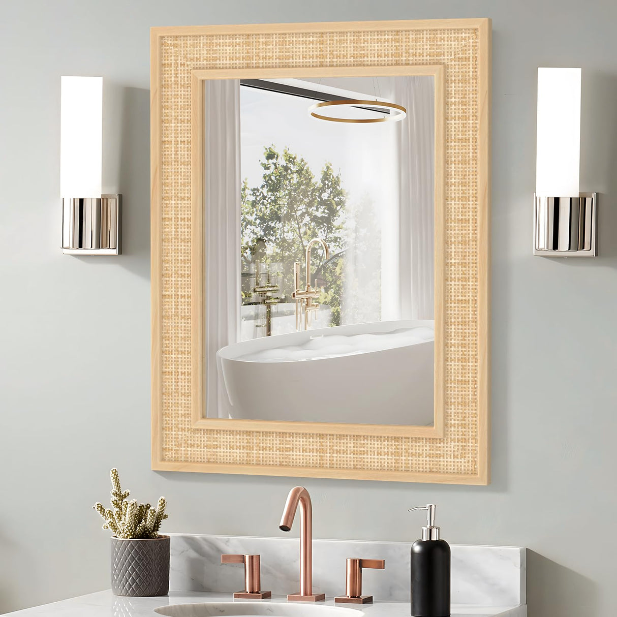 FUWU HOME Rattan Wall Mirror with Wooden Framed 24 X 32 inch Farmhouse Rectangle Wood Mirror for Modern Decorative Bathroom, Living Room, Entryway, Bedroom FUWU HOME