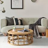 RUSTOWN Farmhouse Round Coffee Table, French Country Sofa Tables,Rustic Soild Wood Finish with Openwork Pattern and Curved Frame Base, Boho Handcrafted Wooden Coffee Table for Living Room, Natural RUSTOWN