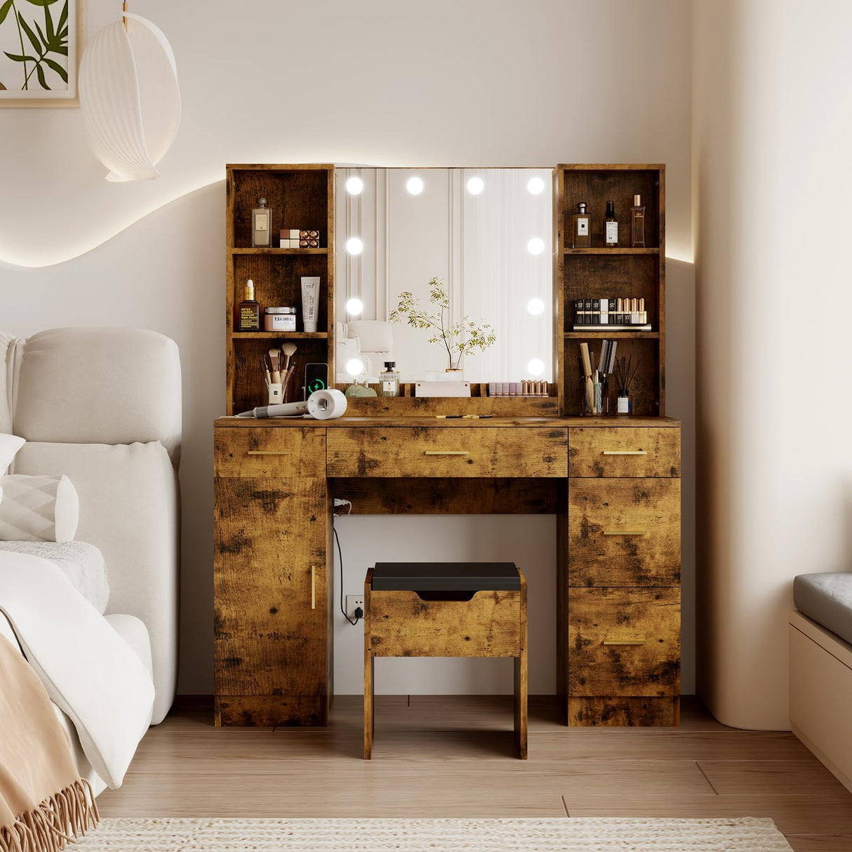 Farmhouse Makeup Vanity Desk with Lights,55.7" Modern Makeup Vanity with Charging Station&Storage Shelves,Bedroom Dressing Table for Women & Girls,3 Lighting Modes,Brightness Adjustable(Brown) TackView