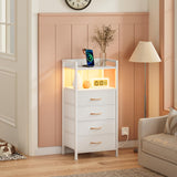 Furnulem White LED Nightstand with 4 Drawers, Charging Station, and Sturdy Metal Frame Furnulem