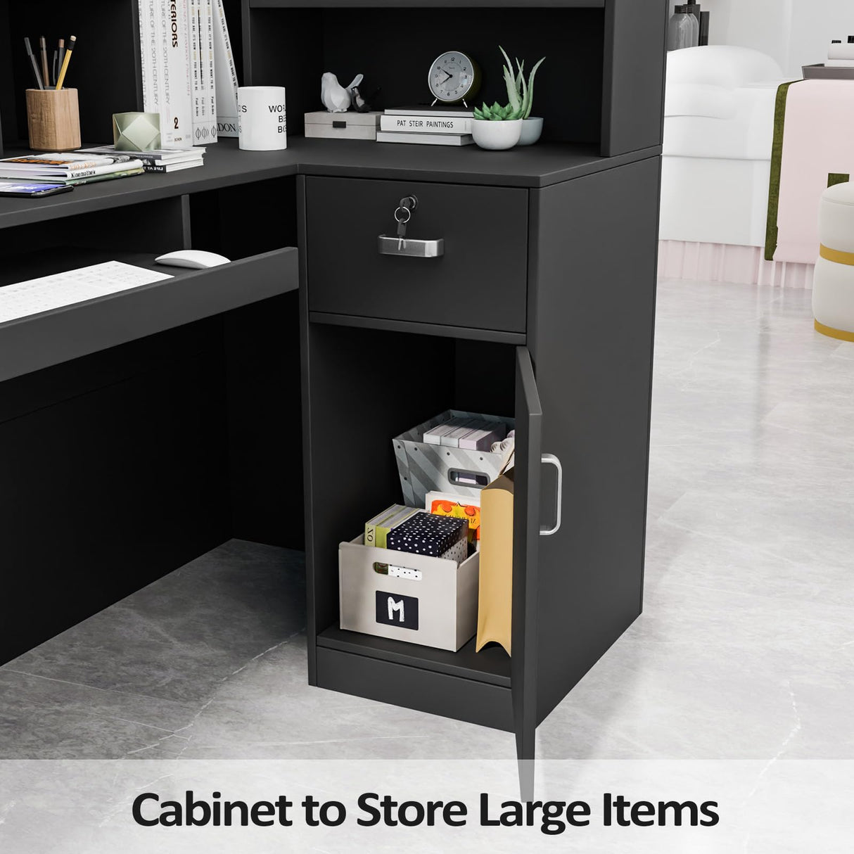 Modern Reception Desk, Moveable Shelves and Lockable Drawers, Retail Checkout Counter Table, for Lobby Beauty Salon Office (Black) OmySalon