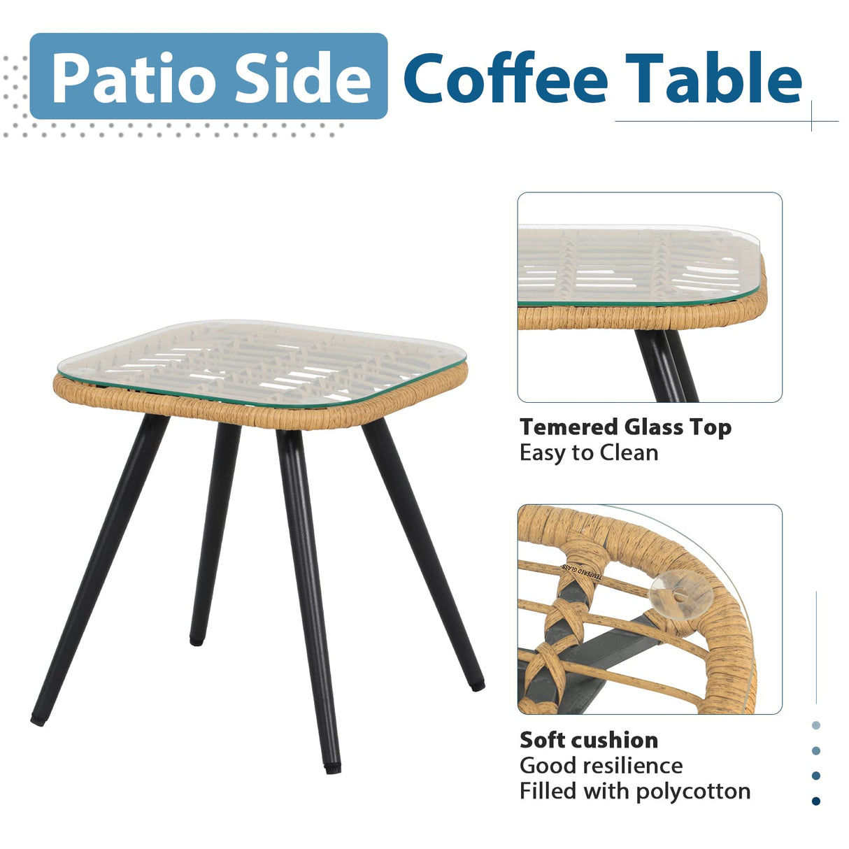 JOIVI 3 Piece Outdoor Wicker Conversation Bistro Set, Patio Furniture Rattan Chairs and Square Side Table Set for Porch, Balcony, Poolside, Yard, White Cushion JOIVI