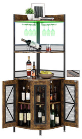 GraveeHome Industrial Corner Bar Cabinet with Power Outlet, 5-Tiers Wine Cabinet with LED Strip and Glass Holder, Multifunctional Liquor Cabinet for Home Bar, Corner Display Storage Cabinet for Home GarveeHome