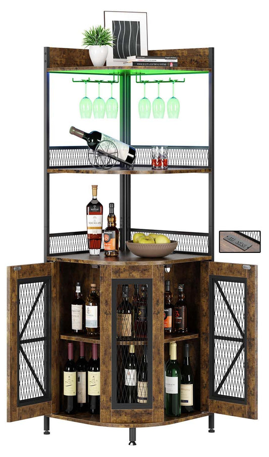 GraveeHome Industrial Corner Bar Cabinet with Power Outlet, 5-Tiers Wine Cabinet with LED Strip and Glass Holder, Multifunctional Liquor Cabinet for Home Bar, Corner Display Storage Cabinet for Home