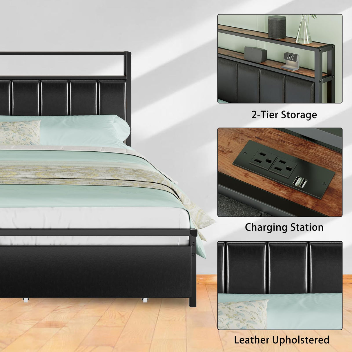 AMERLIFE LED Bed Frame with Drawers, King Platform Bed Frame with 2-Tier Storage & Leather Upholstered & Charging Station Headboard, No Box Spring Needed, Noise Free, Easy Assembly, Black AMERLIFE