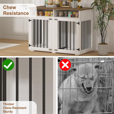 41 inch Dog Crate Furniture, Farmhouse Dog Kennel Indoor with Divider & Shelf Storage, Wooden Indoor Dog Crate for 2 Dogs, Decorative Pet Crate End Table for Large Dogs, White REVOMINCA