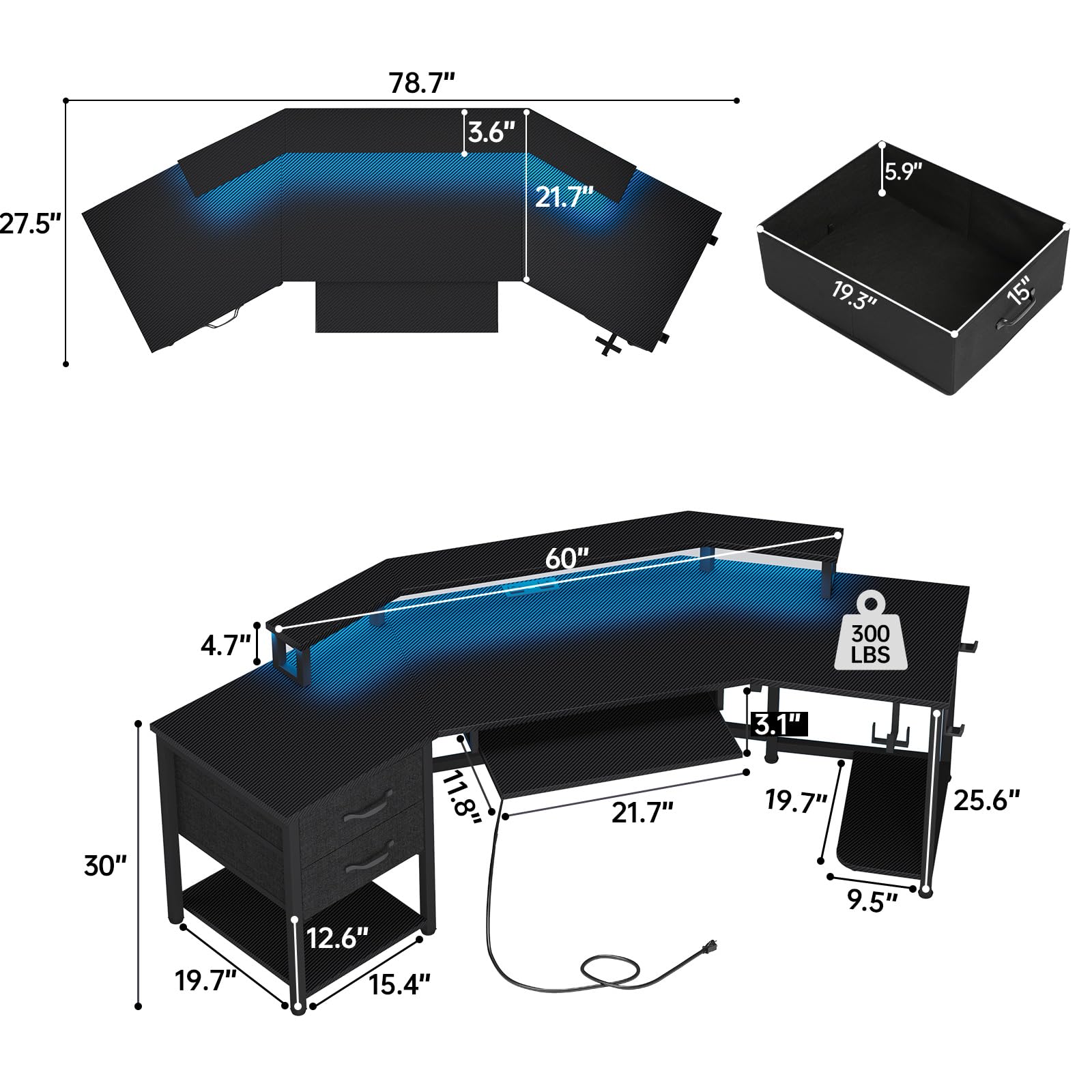 SEDETA 79" Gaming Desk, Computer Desk with 2 Fabric Drawers & LED Light, L Shaped Gaming Desk with Storage Shelf for Home Office, Carbon Fiber Black - WoodArtSupply