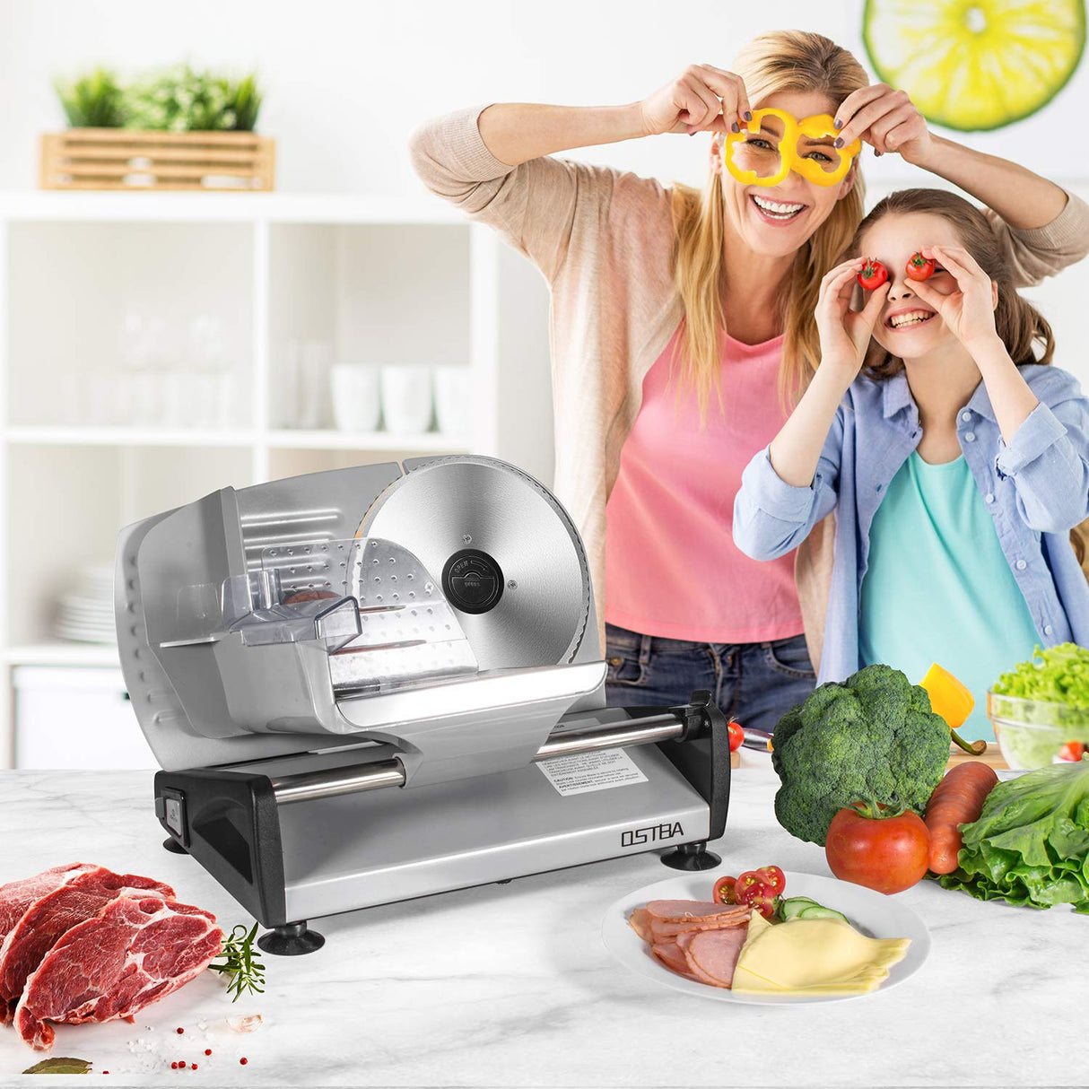 OSTBA Meat Slicer Electric Deli Food Slicer with Child Lock Protection, Removable 7.5’’ Stainless Steel Blade and Food Carriage, Adjustable Thickness Food Slicer Machine for Meat, Cheese, Bread(150W) OSTBA