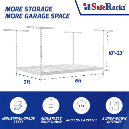 SafeRacks Overhead Garage Storage Rack - Heavy Duty Racks for Garage with 400 lb Capacity, Easy Garage Shelving, Adjustable Storage Rack, Ceiling Mount Storage Shelves 3x6 White (18"-33")