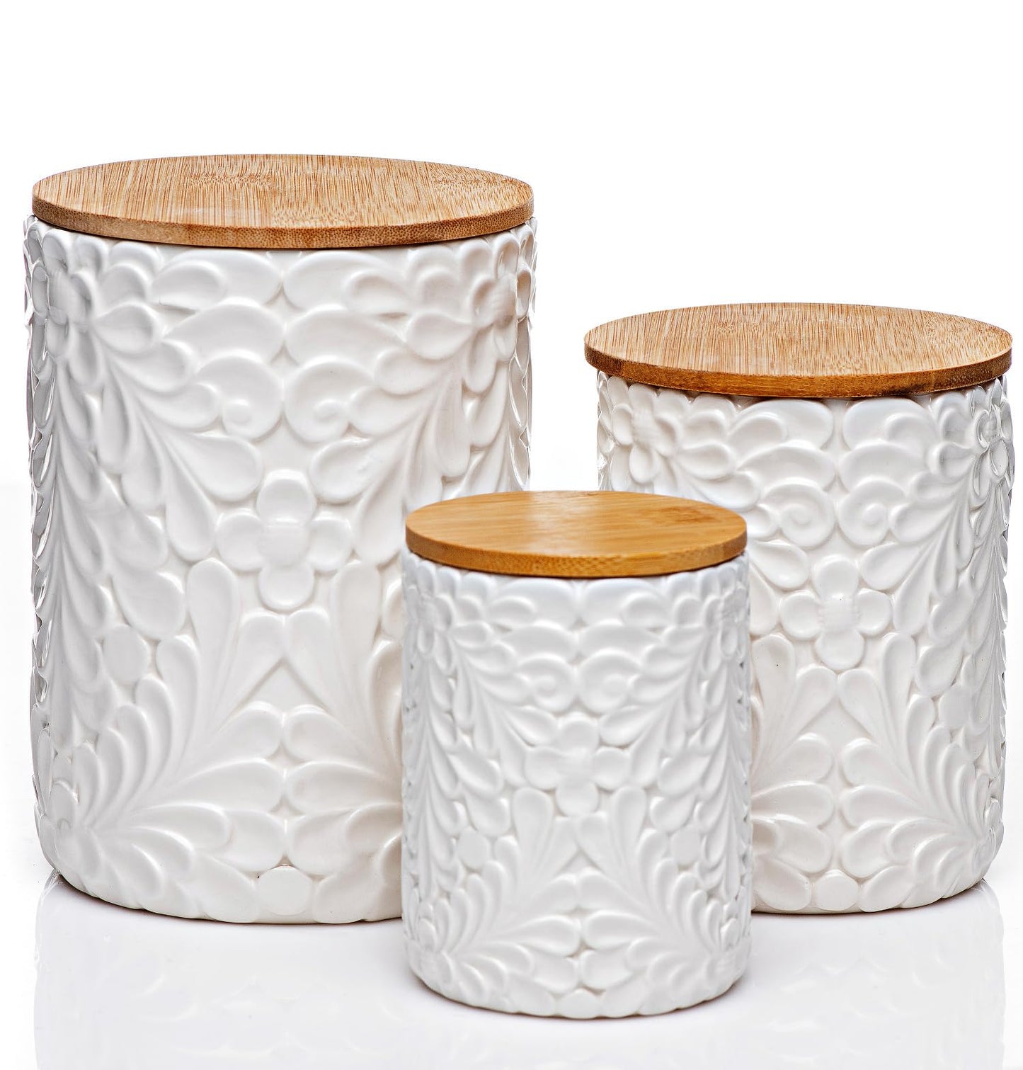 Engraved Ceramic Kitchen Canisters Set of 3 with 74 Oz, 36 Oz, and 18 Oz - White Storage Jars for Countertop with Airtight Bamboo Lids - Large Flour Tea Coffee Sugar Spices Container - Decorative