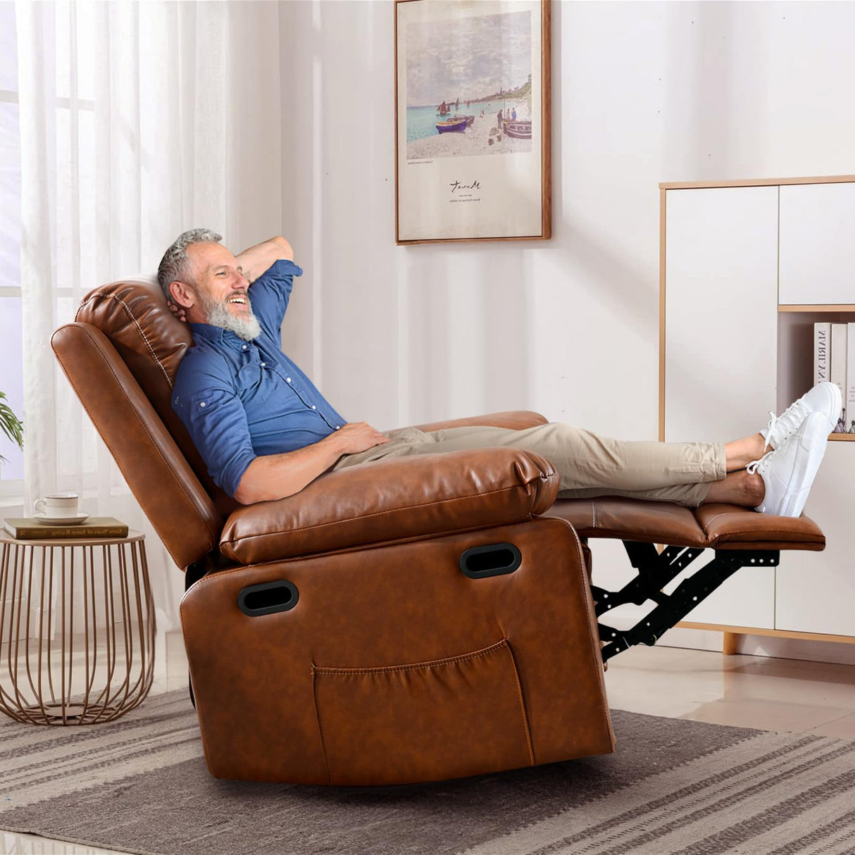 SLEERWAY Recliner Chair with Massage and Heat, Modern Swivel Reclining Chair with Remote Control and Side Pocket, Adjustable Glider Rocker Recliner Chair for Living Room, Bedroom, Lounge, Brown SLEERWAY