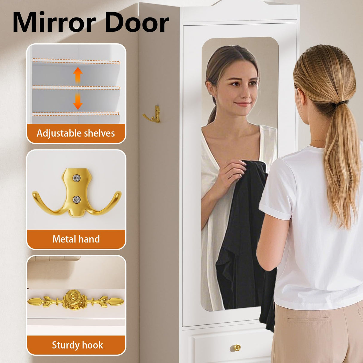 JanflyHome Armoire Wardrobe Closet, Updated White Bedroom Armoires Cabinet with Mirror Door and 3 Drawers, 15.7" W/69.5" H Clothing Storage Cabinet with Hanging Rod & Sensor Light for Bedroom-Right JanflyHome