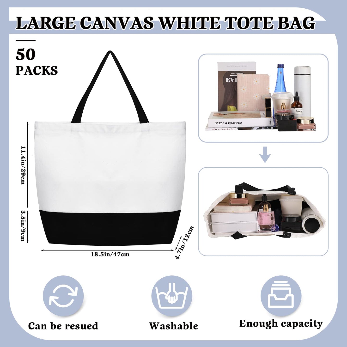 50 Pieces Large Canvas Tote Bags Reusable Grocery Cloth Bags Sublimation Tote Bags Blank Plain Bulk Bags with Zipper Cotton Tote Bag Black White for DIY Crafts for Shopping Women Employee Teachers