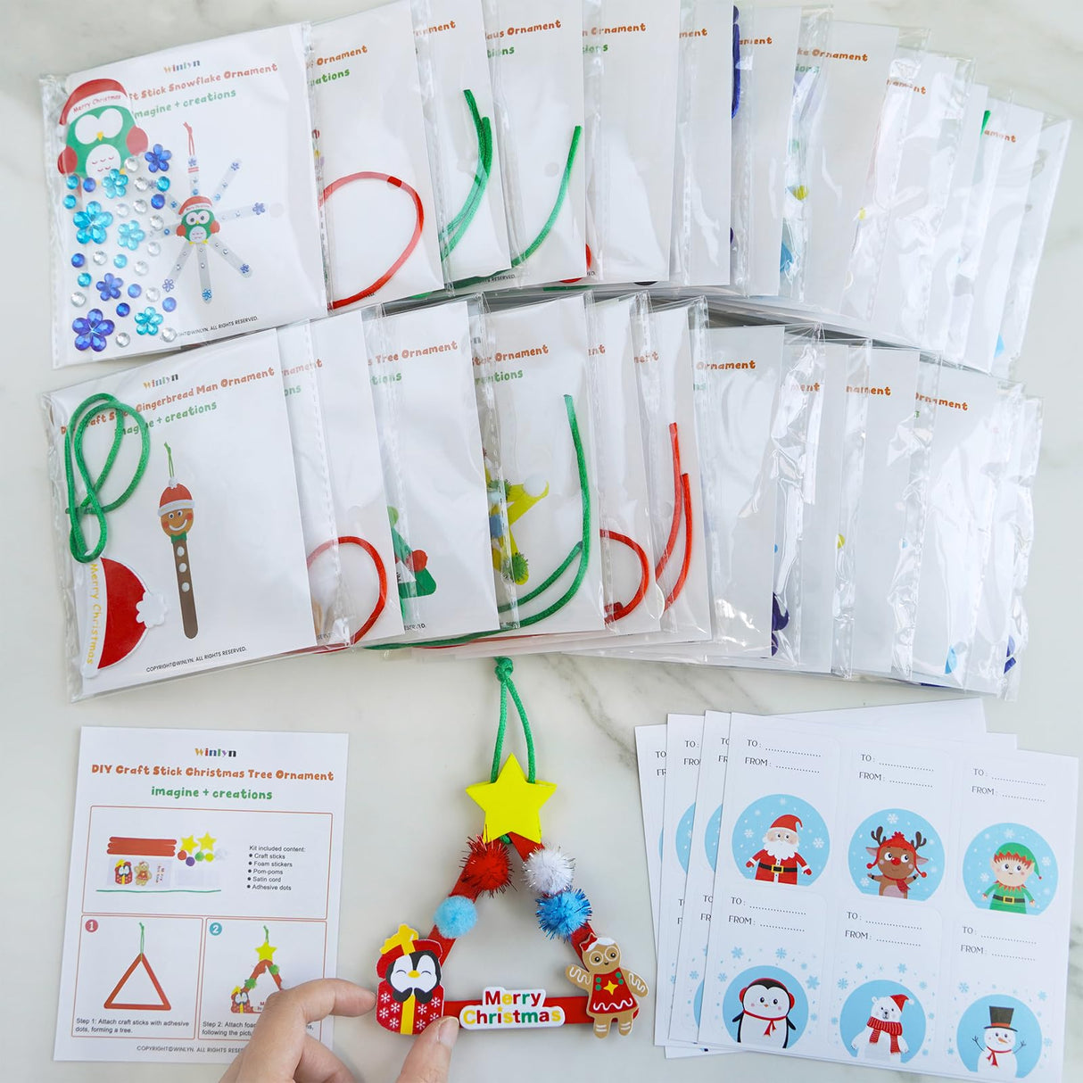 Winlyn 24 Sets Christmas Craft Kits Popsicle Stick Christmas Ornaments Winter Crafts DIY Craft Stick Santa Snowman Elf Reindeer Ornaments Art Sets for Kids Holiday Classroom Activities Party Favors Winlyn