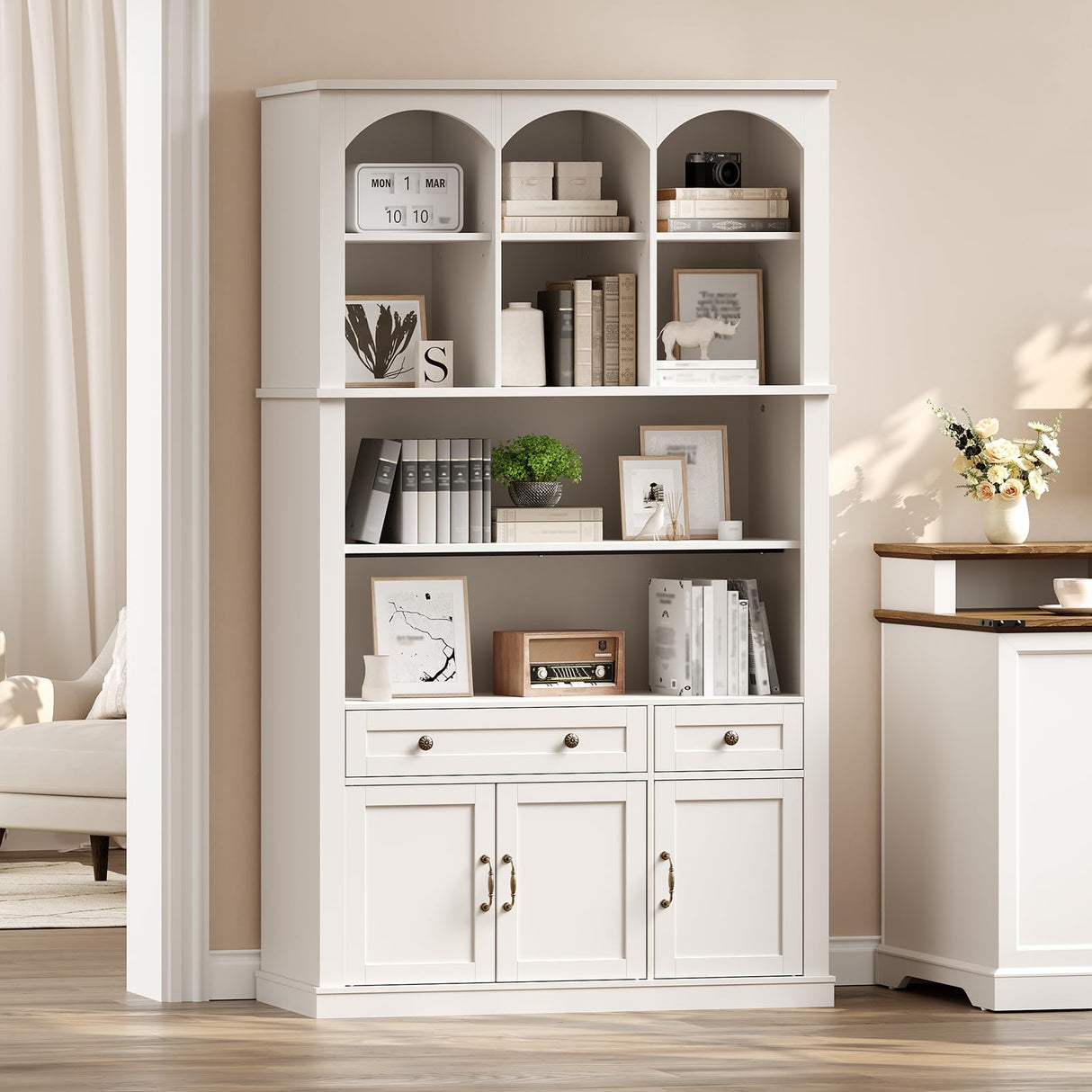 RALGEND 73.2" Tall Farmhouse Arched Bookshelf with Drawer and Door, 6 Tier Mid Century Modern Book Shelf and Bookcase with Storage, Floor Standing Display Cabinet for Living Room, Home Office, White RALGEND