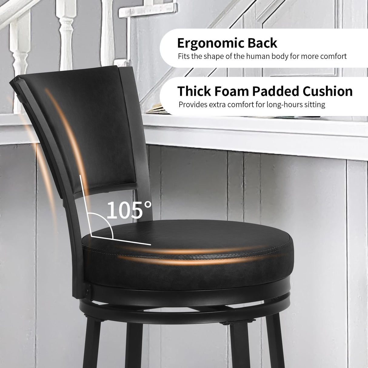 FLYZC Bar Stools, Counter Height Barstools Set of 2, 25" Faux Leather Metal Round Swivel Bar Chairs with Back, Modern Upholstered Counter Stools for Kitchen Island, Black FLYZC