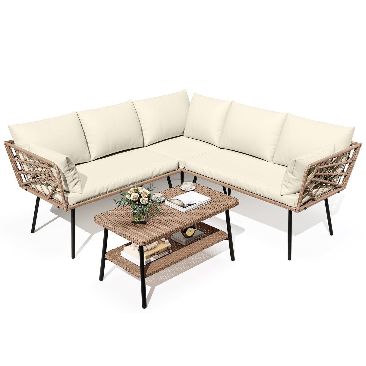 DWVO Outdoor Sectional Sofa Set 4 Piece 5-Seater Rattan Patio Furniture Set with 2-Tier Coffee Table&Cushions L Shape Outdoor Couch Boho Conversation Set for Garden Porch Backyard Relaxation DWVO