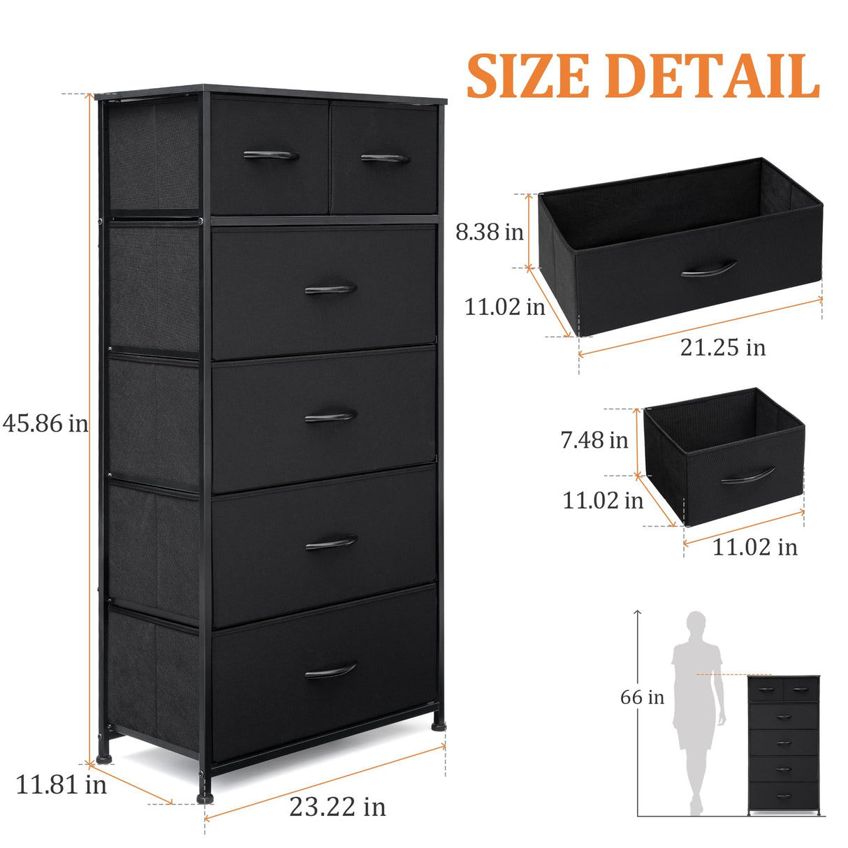 VredHom Fabric Dresser for Bedroom, Tall Skinny Dresser with 6 Drawers, Storage Organizer Tower, Steel Frame Wooden Top for Closet, Living Room, Hallway, Nursery(Black) VredHom