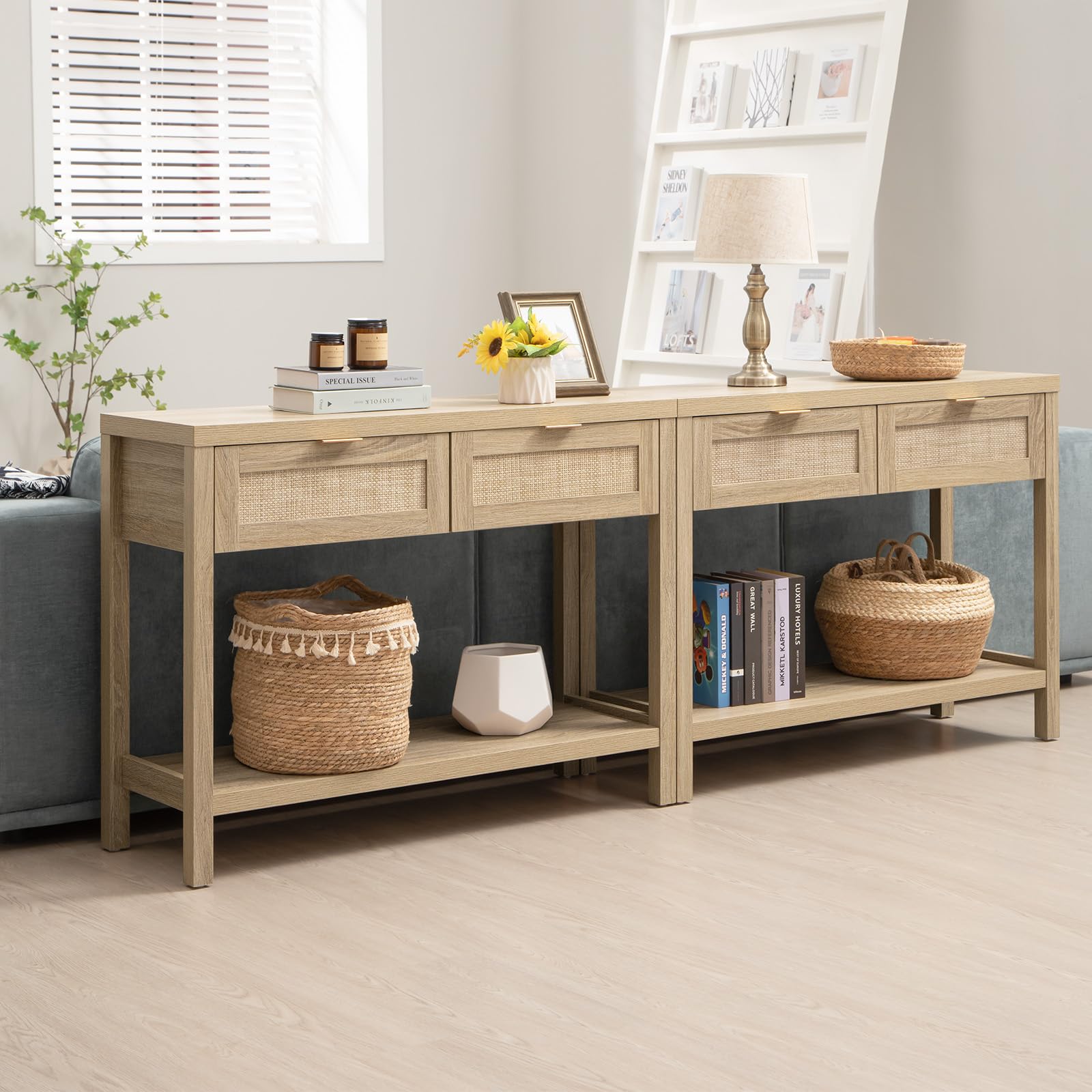 SICOTAS Set of 2 Boho Console Tables with Rattan Drawers and Storage in Reclaimed Light Oak - WoodArtSupply