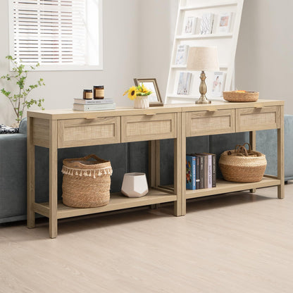 SICOTAS Set of 2 Boho Console Tables with Rattan Drawers and Storage in Reclaimed Light Oak - WoodArtSupply