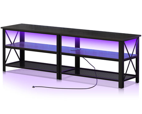 Clikuutory Modern Black 63 inch Metal TV Stand with LED Lights and Power Outlets for 40 50 55 60 65 70 Inch TVs, 3 Tier Television Stands with Entertainment Center and Storage for Living Room, Bedroom Clikuutory