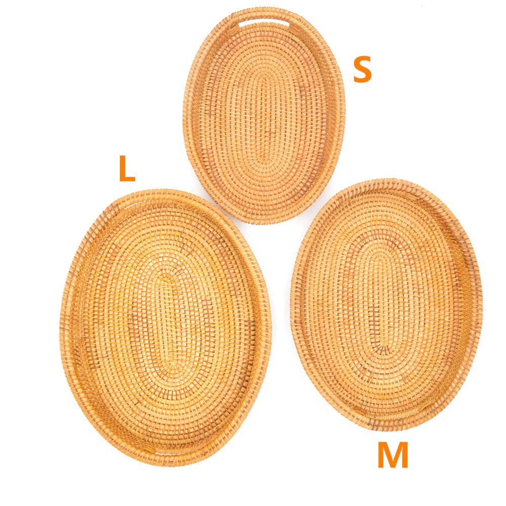 Small Handmade Rattan Basket, Oval Wicker Bowl, Rustic Serving Tray with Handles, Fruit Bowls, Table Organizers Storage Dish for Food, Catering, Catchall, Brown, S, 12.6 Inch amololo
