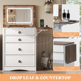 AMERLIFE 3-in-1 Makeup Vanity with Sliding Stool, Fold-up Panel, Divided Storage & Power Port, Farmhouse Makeup Table with Adjustable LED Light, for Small Space, White & Barnwood AMERLIFE