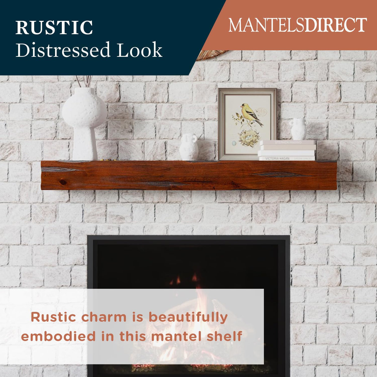 48 Inch Floating Fireplace Mantel Wood Shelf In Cherry Rustic - Breckenridge From Mantels Direct | With Corbel Bracket Arches | Wooden Rustic Wall Shelf Perfect for Electric Fireplaces and Décor MANTELSDIRECT