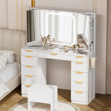 Pamapic 11 Drawers Vanity Desk with Foldable Mirror, Glass Top Makeup Vanity with LED Lights, 3 Lighting Modes, Golden Handles Dressing Table with Chair and Power Outlet Pamapic