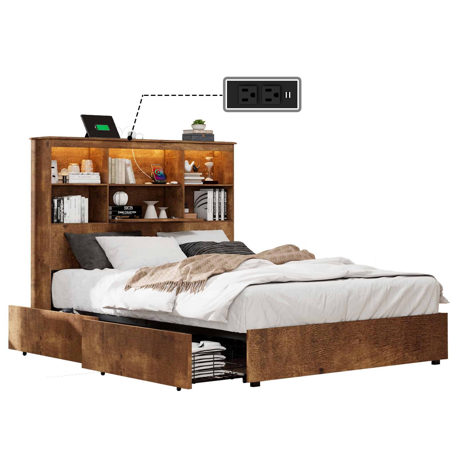 LUXOAK Rustic Brown Full Size Bed Frame with LED Bookcase Headboard, Charging Station & 4 Drawers – No Box Spring Needed - WoodArtSupply