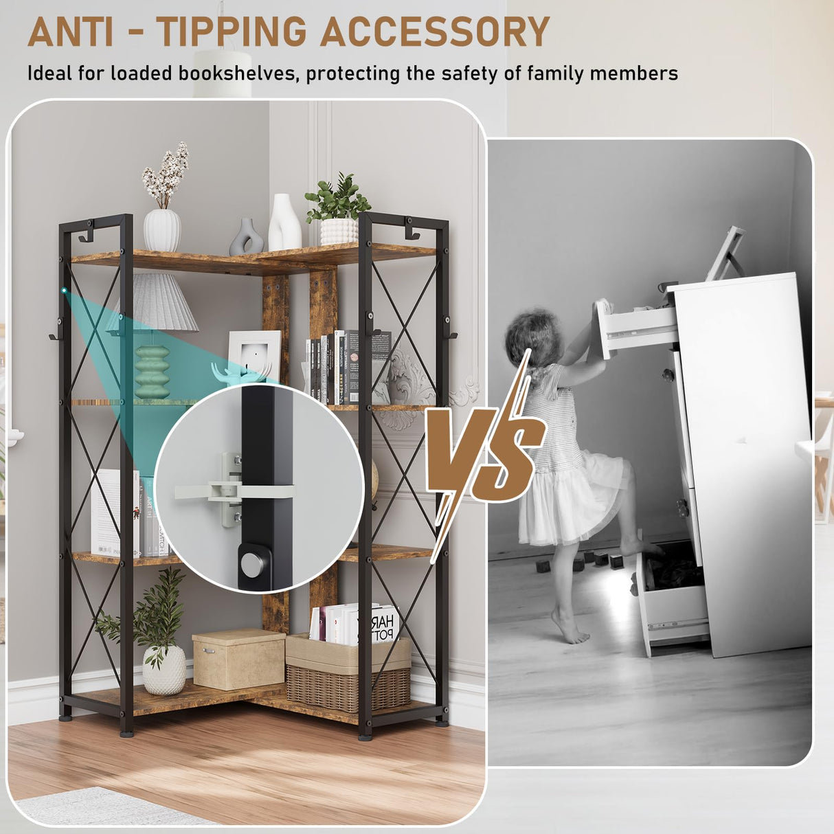 EDWINENE 4 Tier Corner Bookshelf, Industrial l Shaped Bookshelf with Metal Frame, Tall Corner Shelf Stand with 2 Hooks for Living Room, Bedroom, Home Office, Rustic Brown EDWINENE