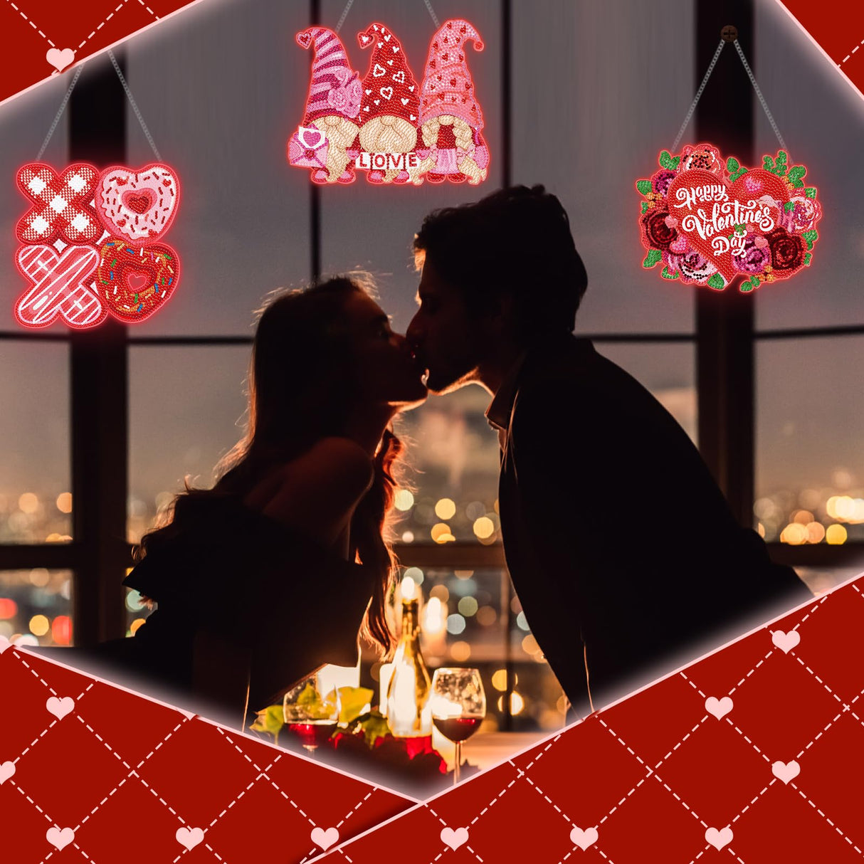 Chiisong 6 Pcs Valentine's Day Diamond Painting Glow in The Dark Diamond Art Painting Kits Flower Truck Wreath Love Gnome Tree Hanging Ornaments for DIY Holiday Decoration Gift Chiisong