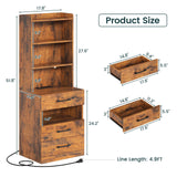 AOGLLATI Tall Night Stand Set of 2, Nightstand with Charging Station and LED Lights, Rustic Brown Bedside Table with Bookshelf, 3 Drawers and Open Shelves, Modern End Side Table for Bedroom AOGLLATI