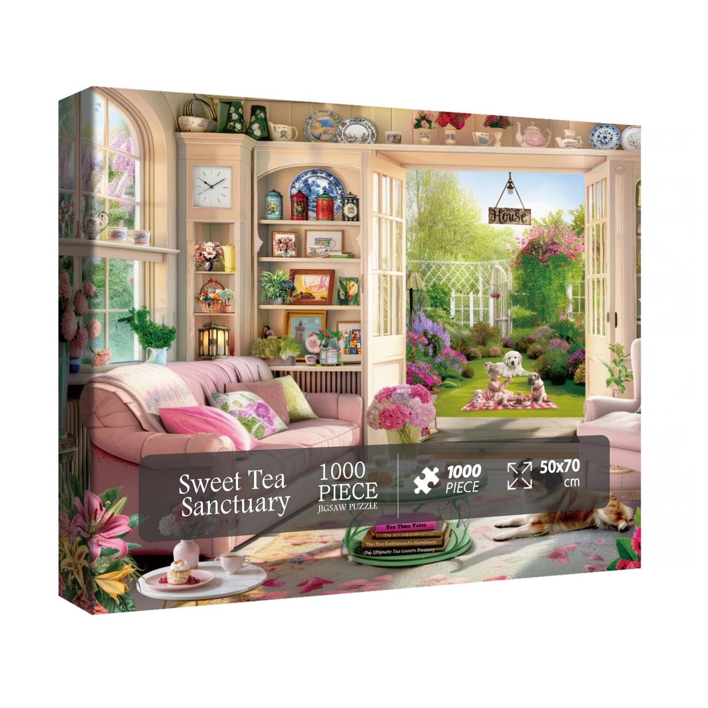 Tea Time Cabin Puzzle 1000 Piece for Adults, Book Cozytime Garden Jigsaw Puzzles, Dog Plant Puzzle