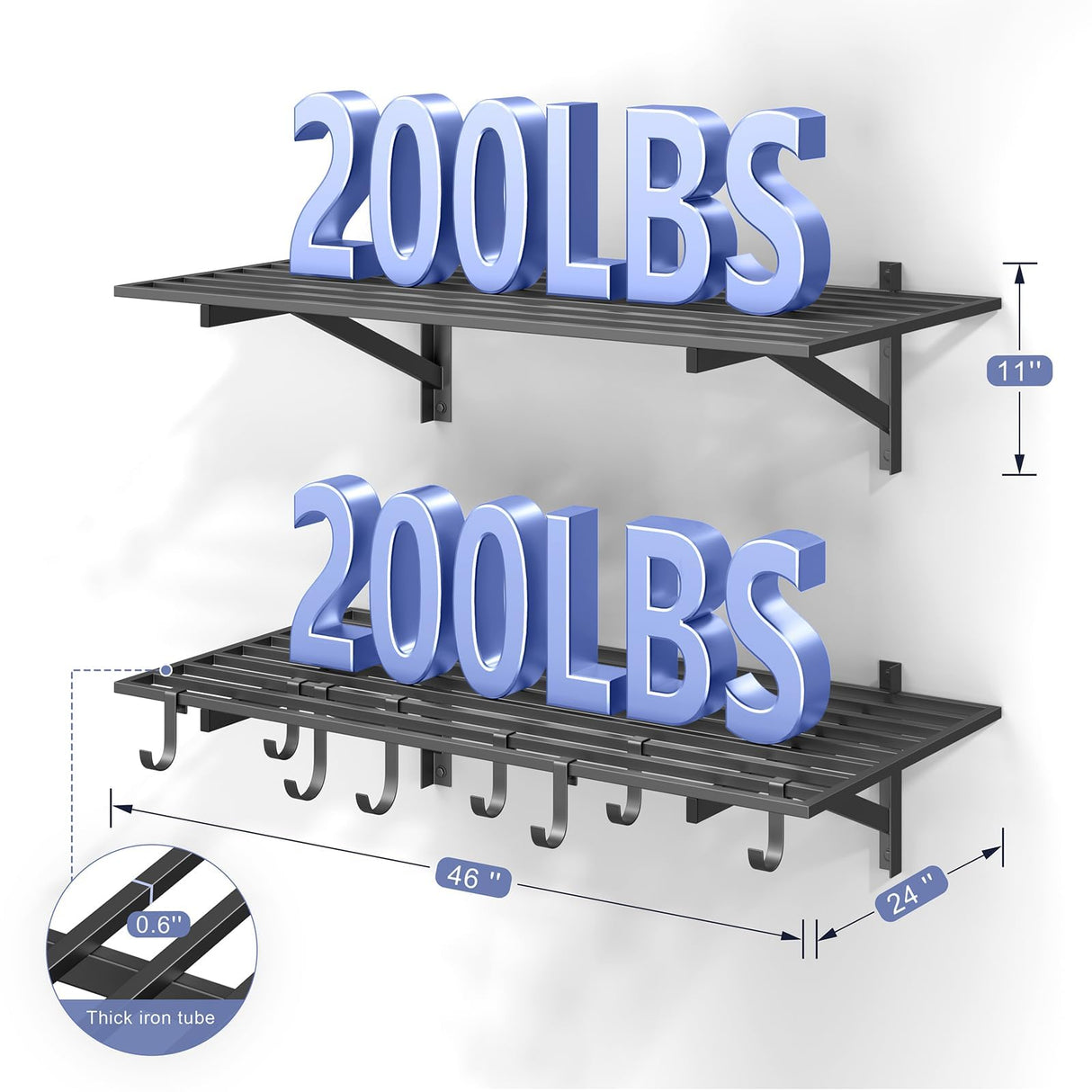 Jusgym 2-Pack 2x4ft Garage Shelving Wall Mounted, 2' x 4' Heavy Duty Garage Storage Shelves with Hooks, 400LB Capacity Jusgym