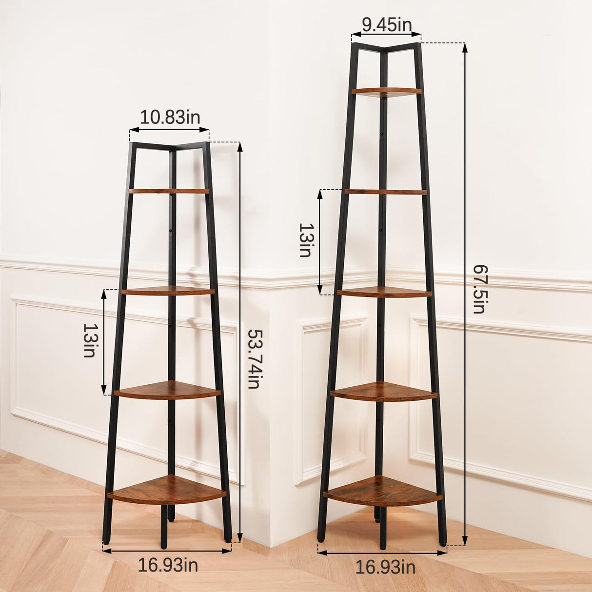 Yoobure 4-Tier Corner Bookshelf with Metal Frame - Ladder Display Shelf for Bedroom and Living Room, Tall Wood Corner Bookcase and Plant Stand Yoobure