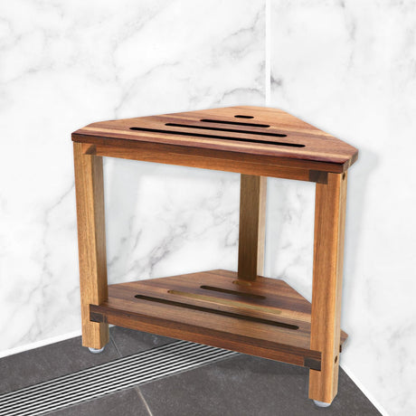 IBosins Corner Shower Stool Shower Foot Rest for Shaving Legs Small Shower Bench for Inside Shower to Sit on Bath Stool with Storage Shelf Shower Accesories (Acacia Wood) IBosins